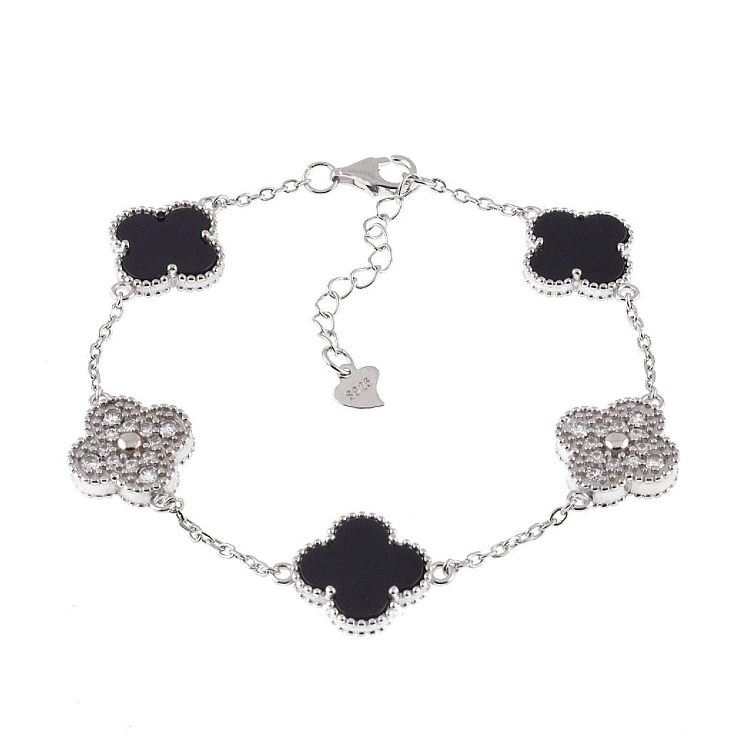 B6001 Black &amp; CZ Clover Bracelet - Selah925.com