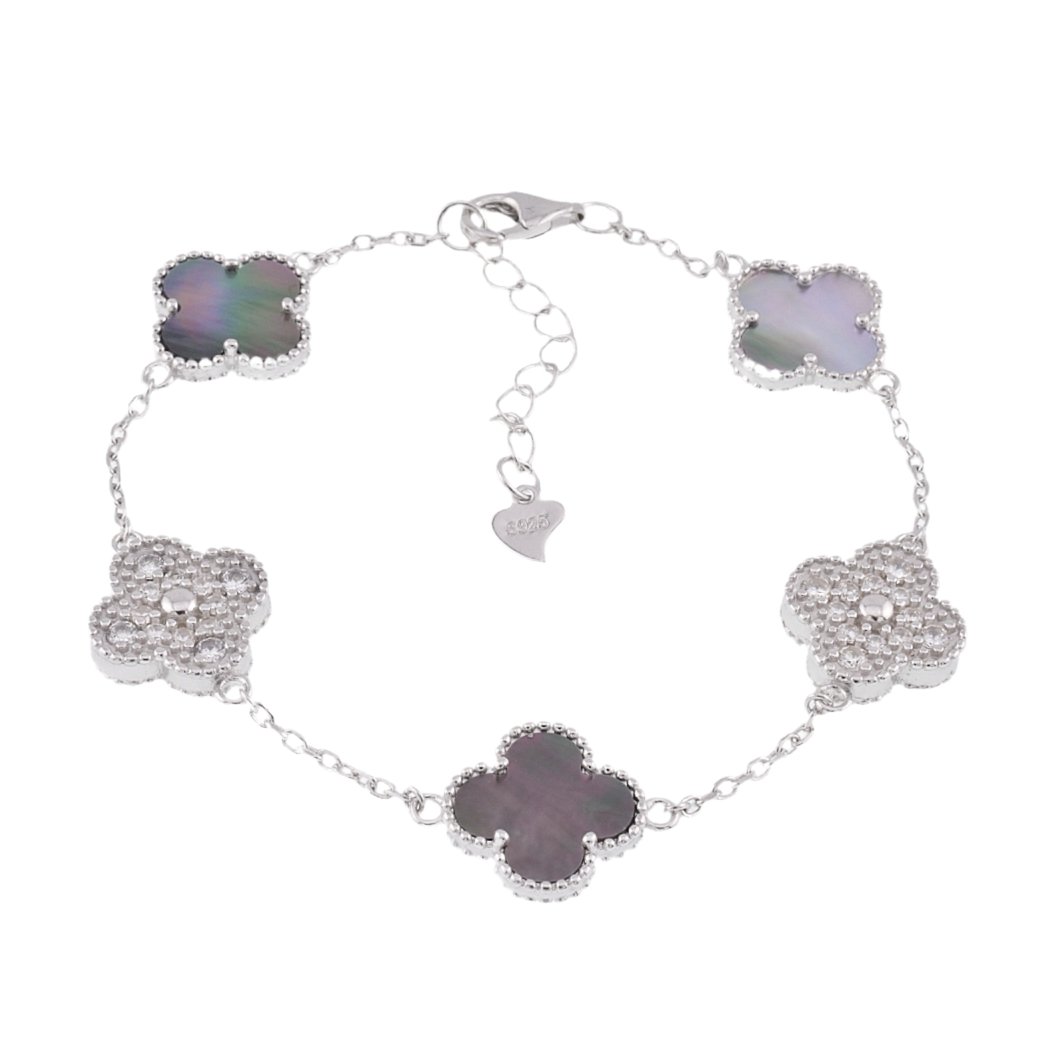 B6001 Gray &amp; CZ Clover Bracelet - Selah925.com