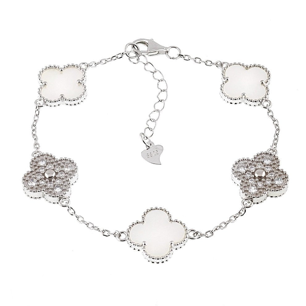 B6001 White &amp; CZ Clover Bracelet - Selah925.com