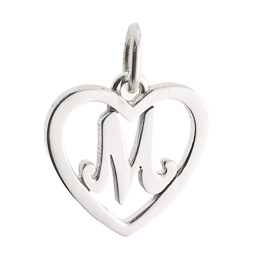 CP3074 Letter M Heart Rhodium Charm - Selah925.com