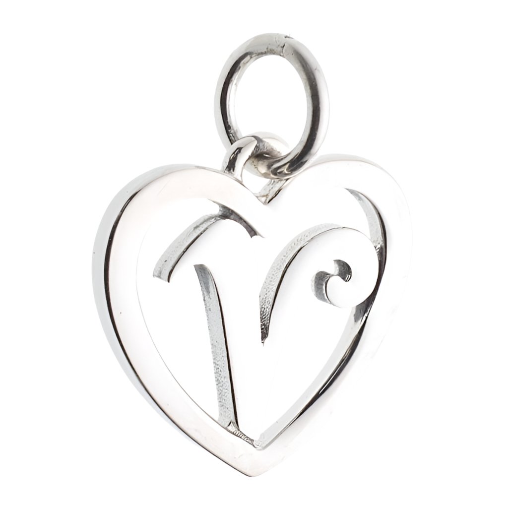 CP3074 Letter V Heart Rhodium Charm - Selah925.com