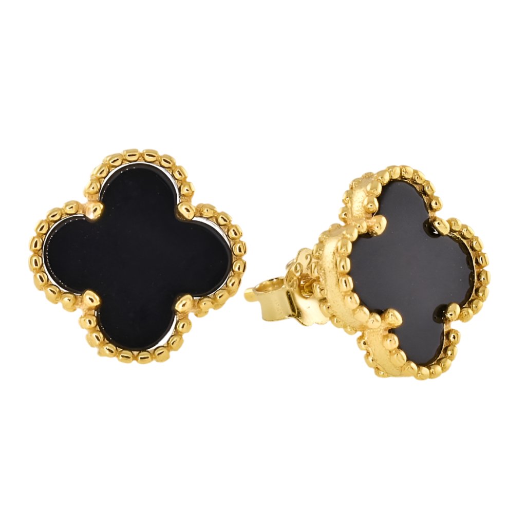 E6017 Gold Plated Black Clover 12mm Earrings - Selah925.com