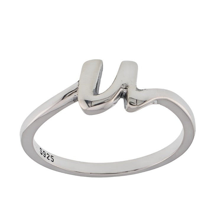 R2047 Rhodium Plated Letter U Ring - Selah925.com