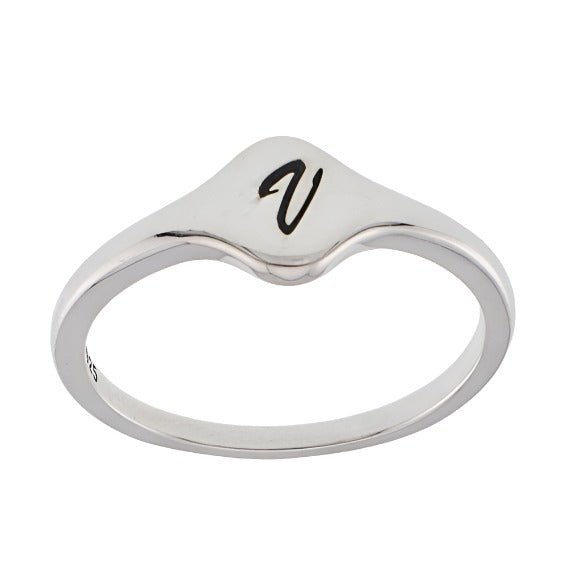 R2048 Rhodium Letter V Ring - Selah925.com