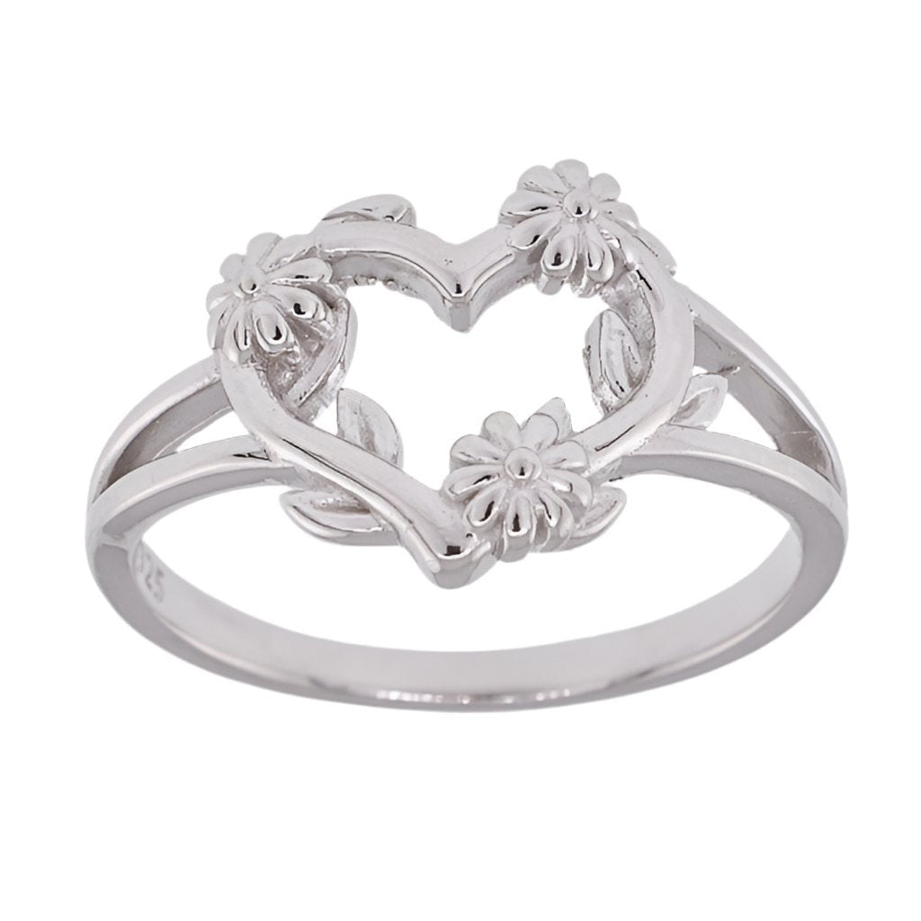 R2054r Heart &amp; Flower Rhodium Ring - Selah925.com