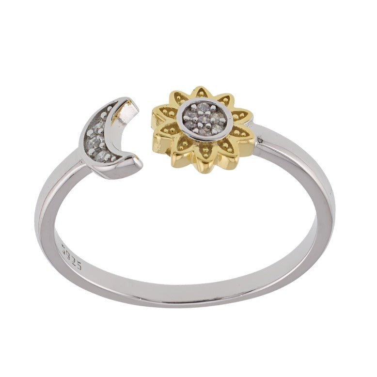 R2078r Sun &amp; Flower Rhodium Ring - Selah925.com