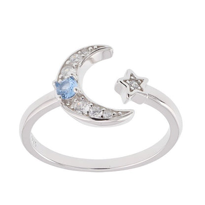 R2090r Blue Cz Moon &amp; star Rhodium Ring - Selah925.com