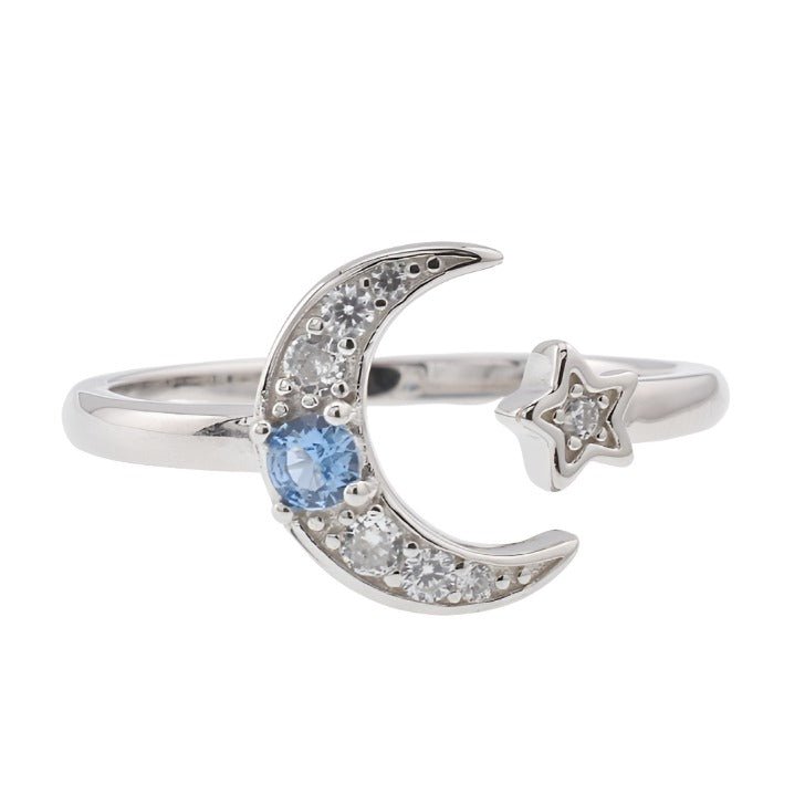 R2090r Blue Cz Moon &amp; star Rhodium Ring - Selah925.com