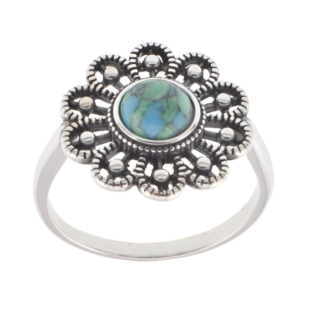 R2105 Turquoise Antique Flower Ring - Selah925.com