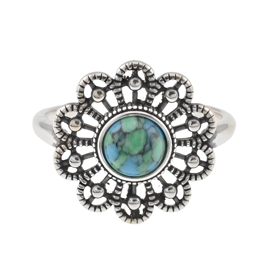 R2105 Turquoise Antique Flower Ring - Selah925.com