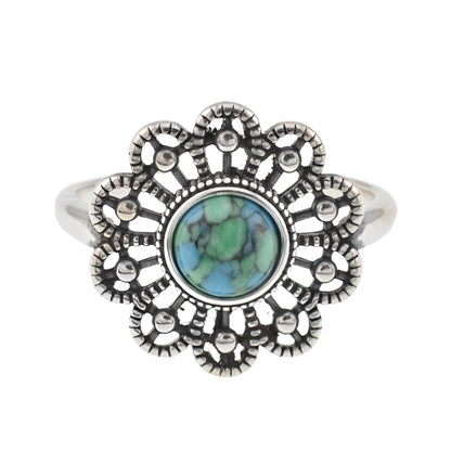 R2105 Turquoise Antique Flower Ring - Selah925.com